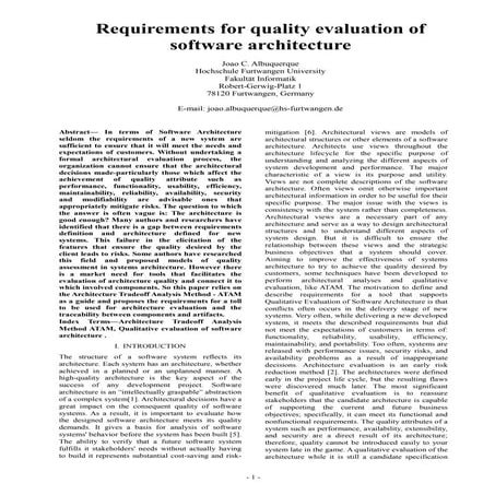 Requirements for quality evaluation of software architecture