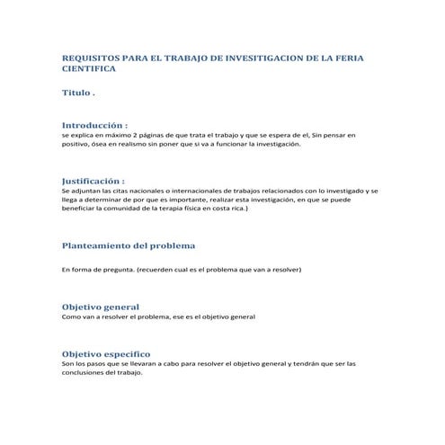 Requisitos para el trabajo de invesitigacion de la feria cientifica