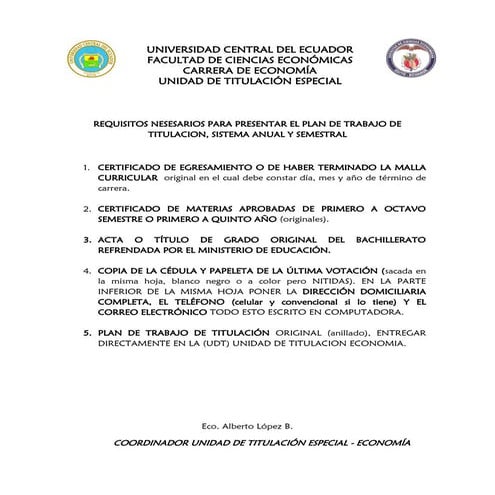 Requisitos para plan de trabajo de titulaciòn 2