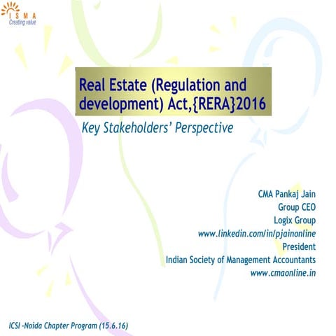 Rera 2016 key stakeholders' perspective by cma pankaj jain