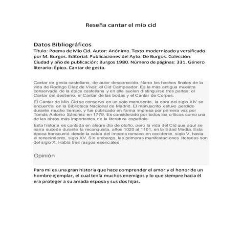 Reseña cantar el mío cid