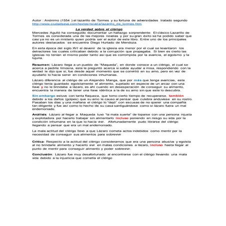 Reseña del tratado dos del lazarillo de tormes