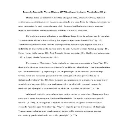 Reseña literaria de "Itinerario breve" de Blanca Isaza de Jaramillo