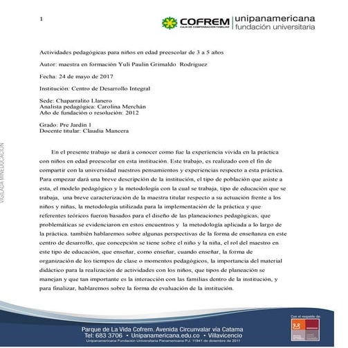 Reseña practica en instituciones publicas con niños de 3 a 5 años.