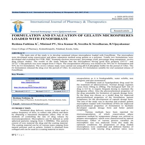 FORMULATION AND EVALUATION OF GELATIN MICROSPHERES LOADED WITH FENOFIBRATE
