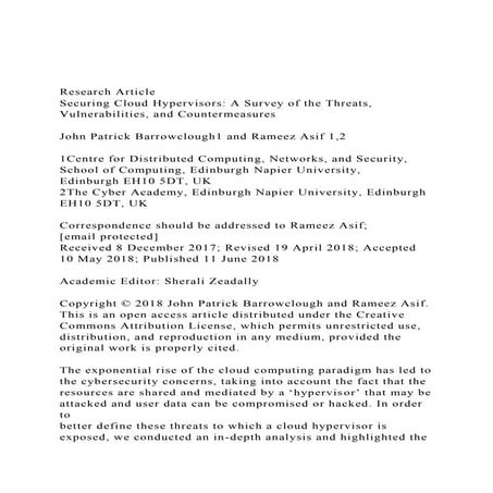 Research ArticleSecuring Cloud Hypervisors A Survey of the .docx