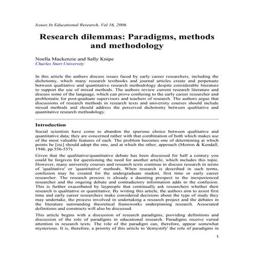 Research Dilemmas Paradigms, Methods and Methodology