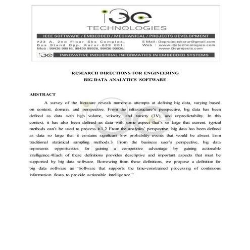 RESEARCH DIRECTIONS FOR ENGINEERING BIG DATA ANALYTICS SOFTWARE