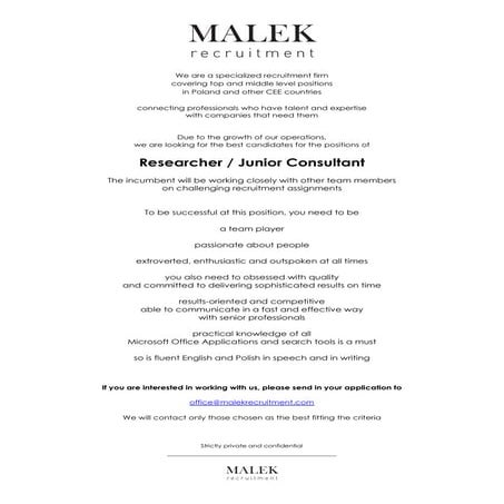 Position: Researcher / Junior Consultant - Malek Recruitment, Warsaw, Poland