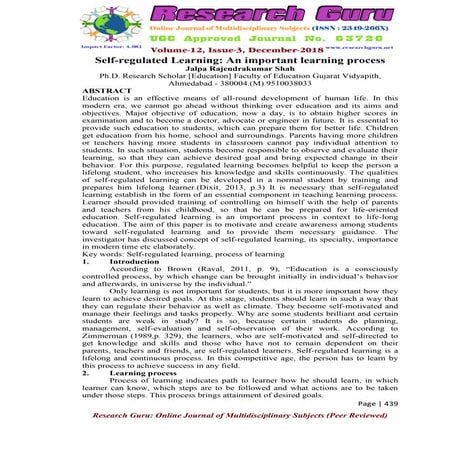 Self-regulated Learning: An important learning process Jalpa Rajendrakumar Sh...