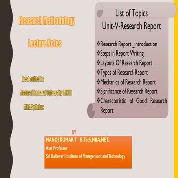 Research methodlogy unit-v-reseach report for B.com, BBA, MBA and other U.G a...