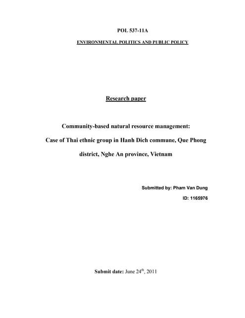 Case study: Community-based natural resource management: Case of Thai ethnic group in Hanh Dich commune, Que Phong district, Nghe An province, Vietnam