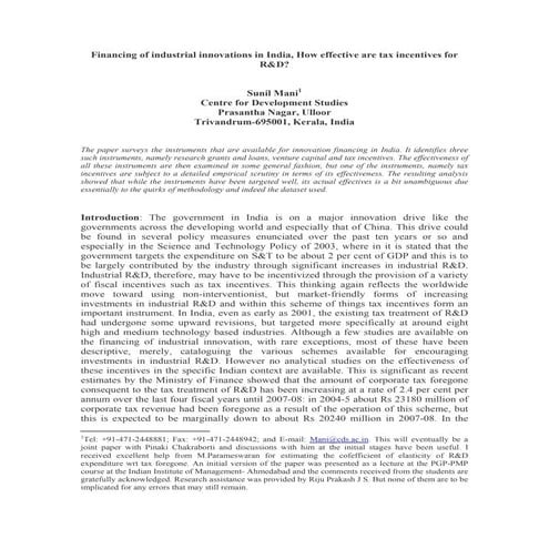 Research paper  financing innovations in india,how effective are tax incentiv...