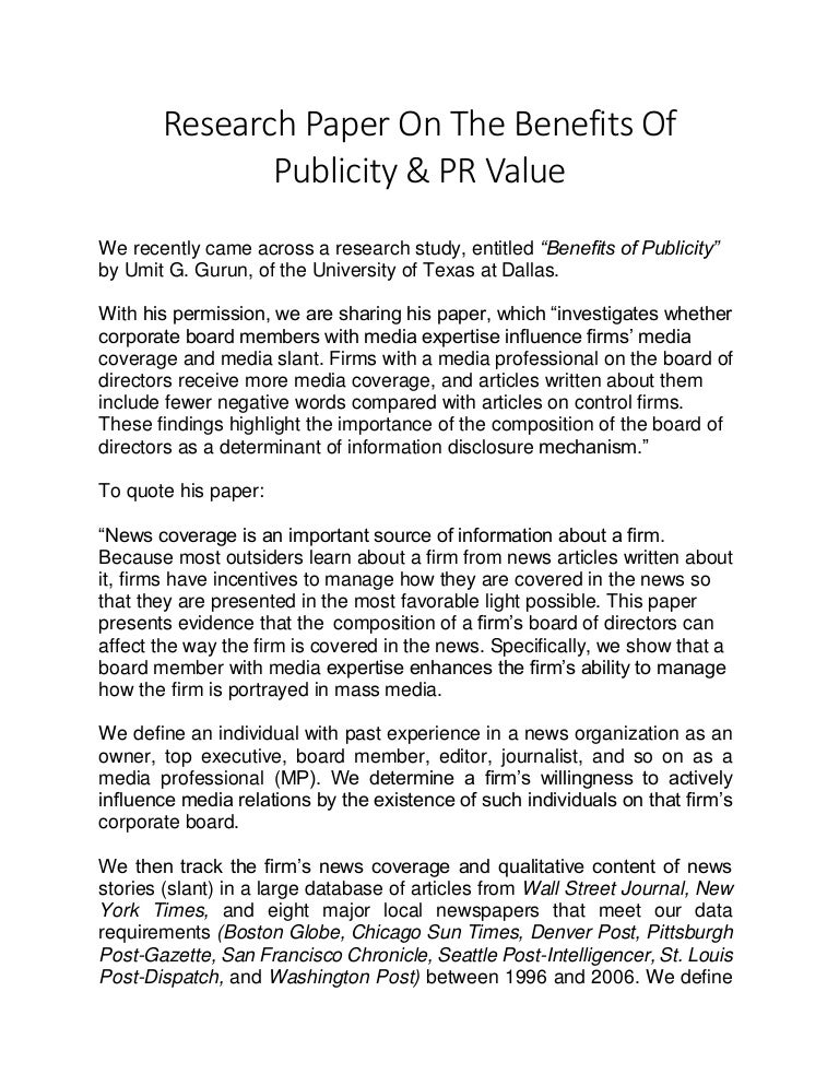 research paper on the benefits of publicity professional research paper examples