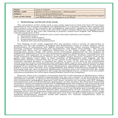 Research Study Review (Pedagogical Approach for ICT Integration in Primary En...