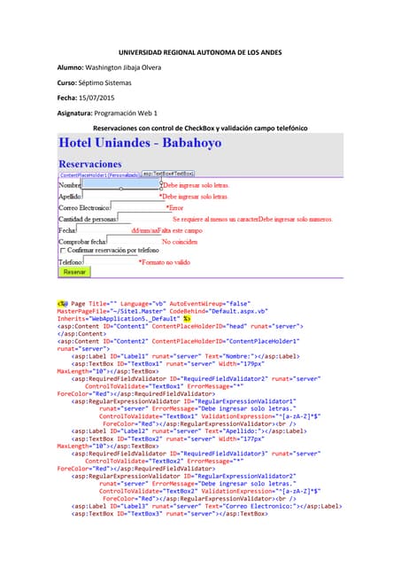 Reservación con controles de validación y con check box