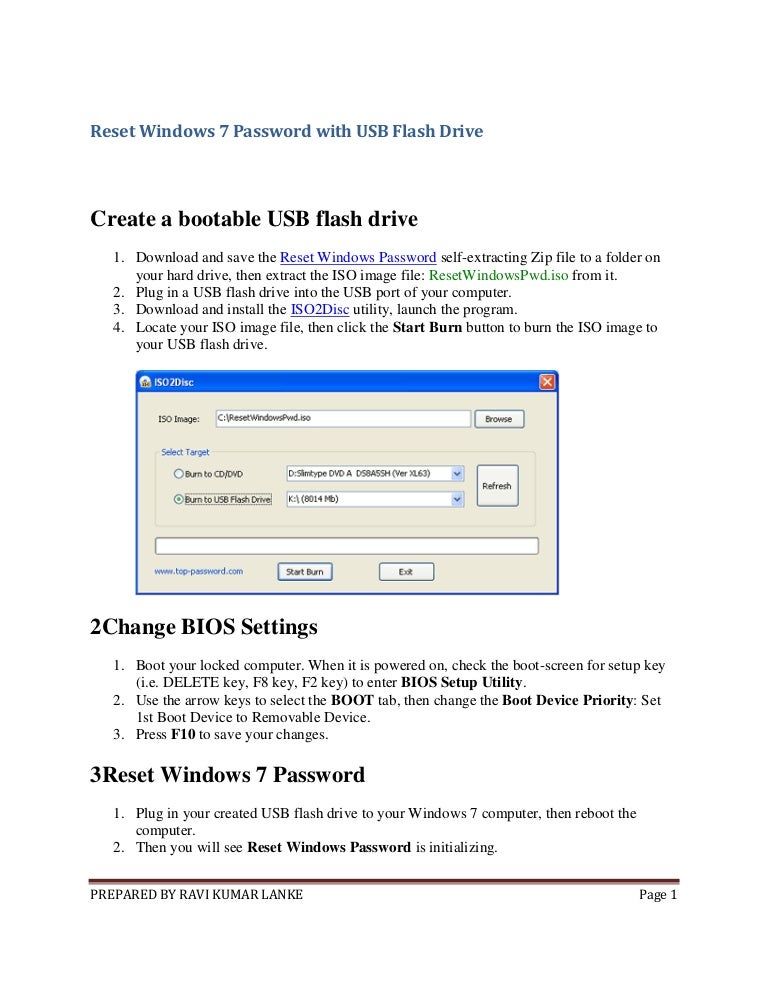 Reset windows 7 password with usb flash drive