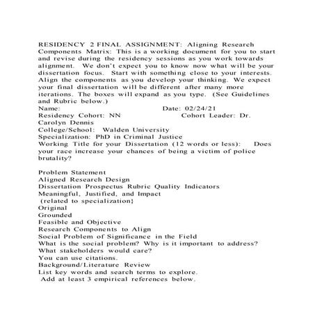 Residency 2 final assignment aligning research components matrix