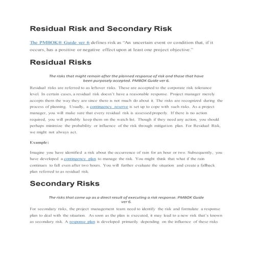 Residual risk and secondary risk - PMP/CAPM from PMI