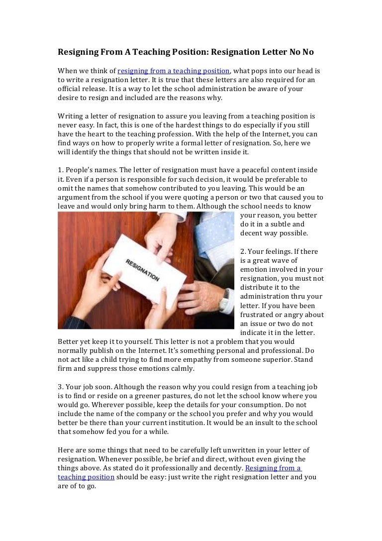 Resigning From A Teaching Position Resignation Letter No No
