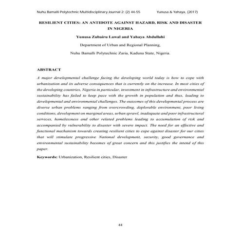 Resilient cities an antidote against hazard risk and disaster in nigeria