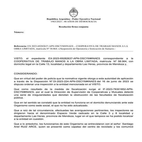 Suspensión de cooperativa de trabajo
