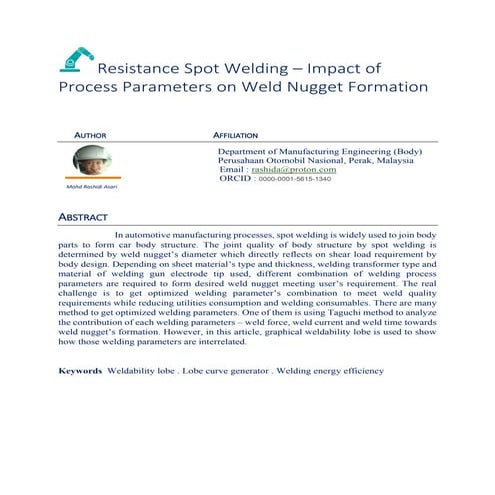 Resistance spot welding - impact of process parameters on weld nugget formation