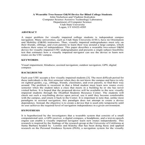 A Wearable Two-Sensor O&M Device for Blind College Students