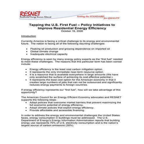 RESNET: Proposed Residential Energy Efficiency Initiatives