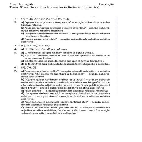 Resol PT9º ano Subordinação relativa (adjetiva e substantiva).doc