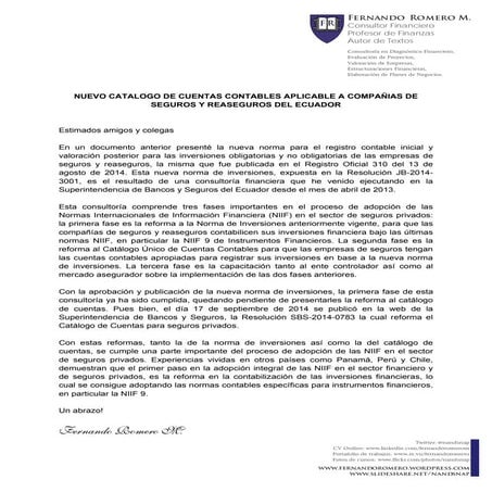 Nuevo Catalogo de Cuentas para Cias Seguros Ecuador | PDF