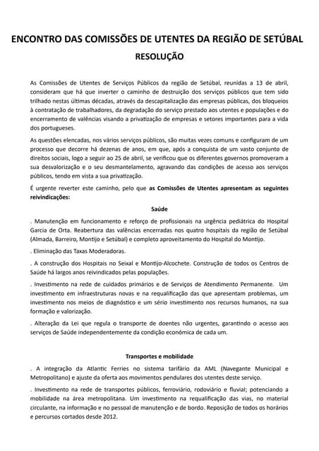 Resolucao encontro comissoes de utentes  regiao setubal