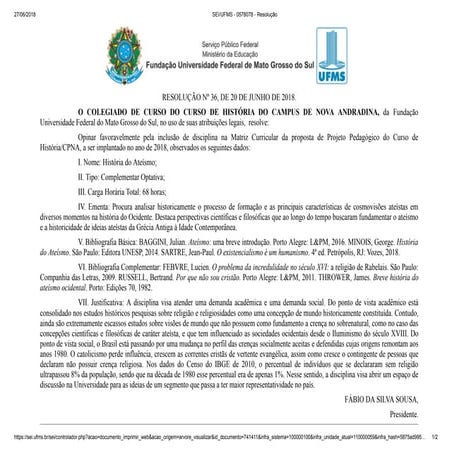 DISCIPLINA HISTÓRIA DO ATEÍSMO - RESOLUÇÃO Nº 36/2018 (UFMS)