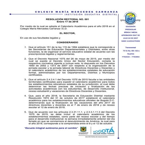 Resolución 001 calendario académico 2018