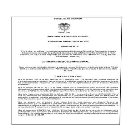 Resolución 04828 del 15 de abril de 2015 (gratuidad)