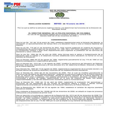 Resolución número 00103 de 15 de enero de 2010