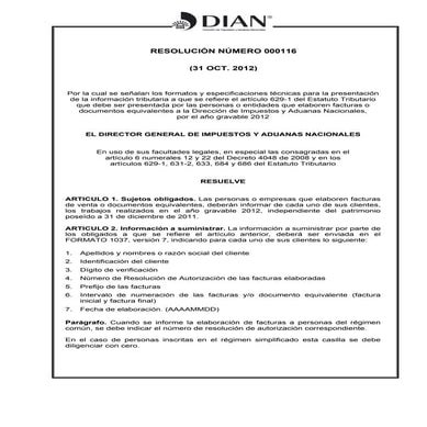 Resolucion 000116 de 2012 DIAN MEDIOS MAGNETICOS 