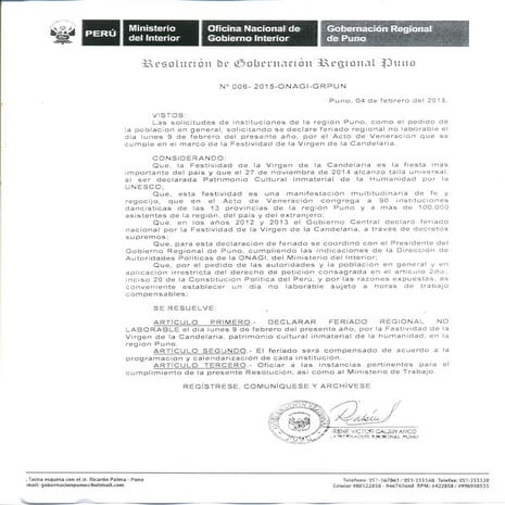 Resolucion de feriado regional no laborable