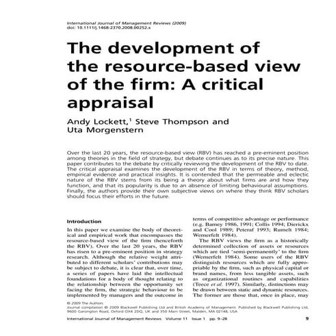 Resource based view of the firm [lockett, morgenstern and thompson, internati...
