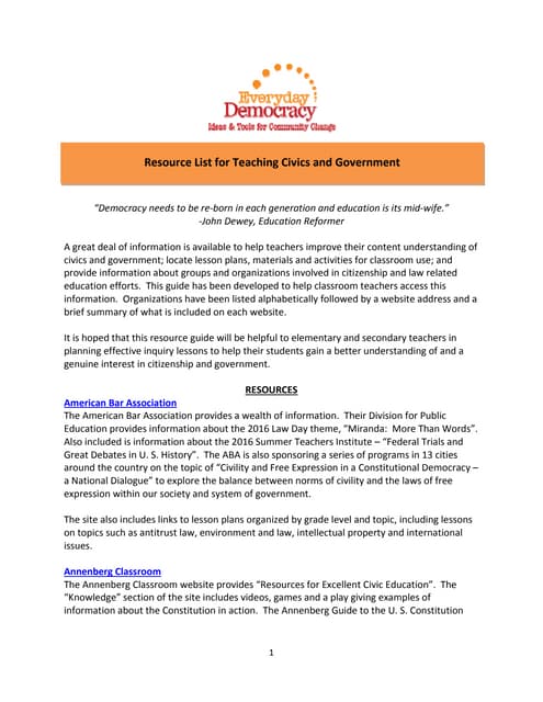 Resource List for Civics Teachers