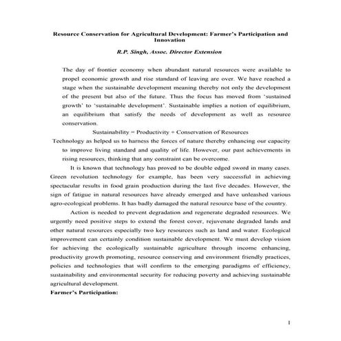 Resource conservation for agricultural development farmer's innovations