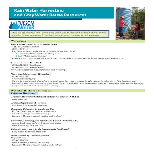 Arizona;  Rain Water Harvesting and Gray Water Reuse Resources - City of Tucson  