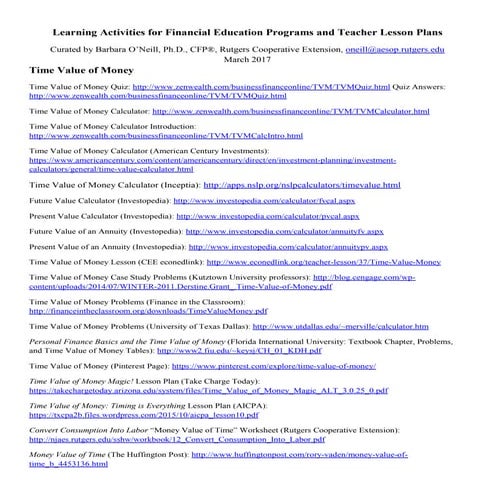 Learning Activities for Financial Education Programs