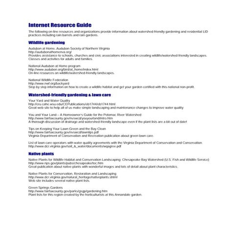 Homeowner Internet Resource Guide for watershed friendly gardening