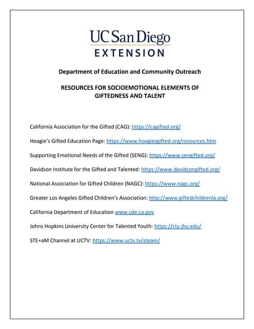 Resources for Socioemotional Elements of Giftedness and Talent