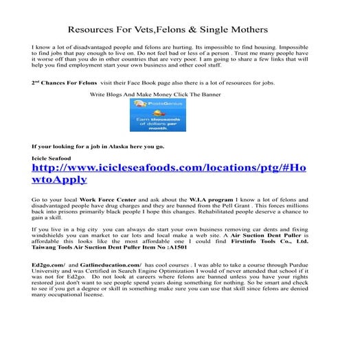 Resources for Vets,Felons & Single Mothers
