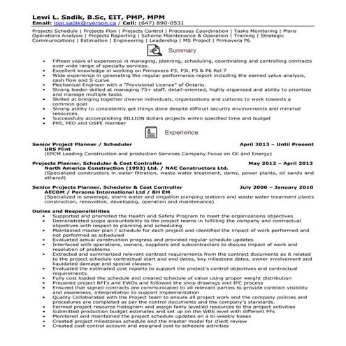 Resume - Senior Projects Planner / Schedule