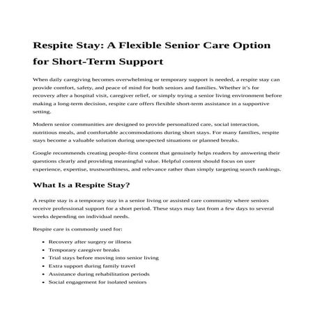 Respite Stay: Flexible Senior Care for Short-Term Support and Recovery ...