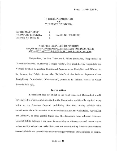 Todd Rokita's Responds to Disciplinary Commission