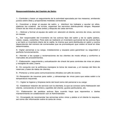 Responsabilidades del capitán de salón